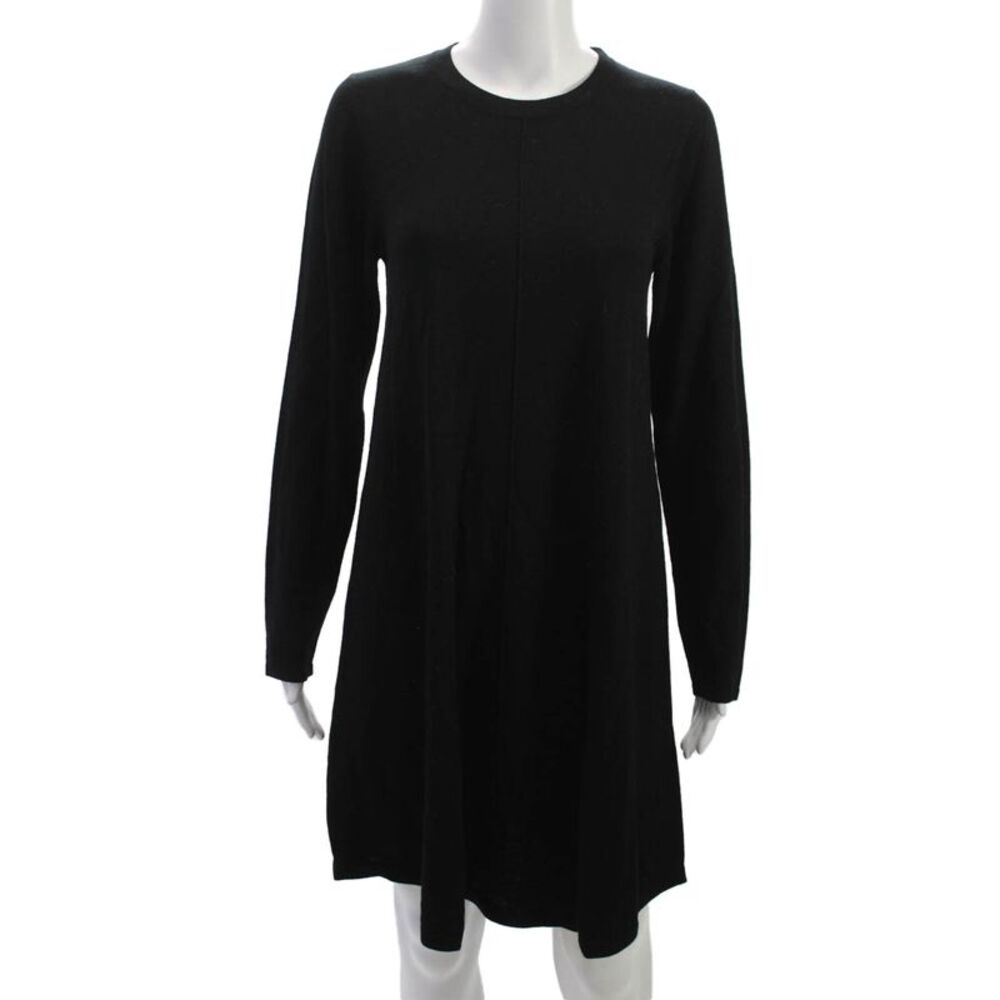 Repeat Womens Sweater Dress Black Merino Wool Crew Neck Long Sleeve Size L